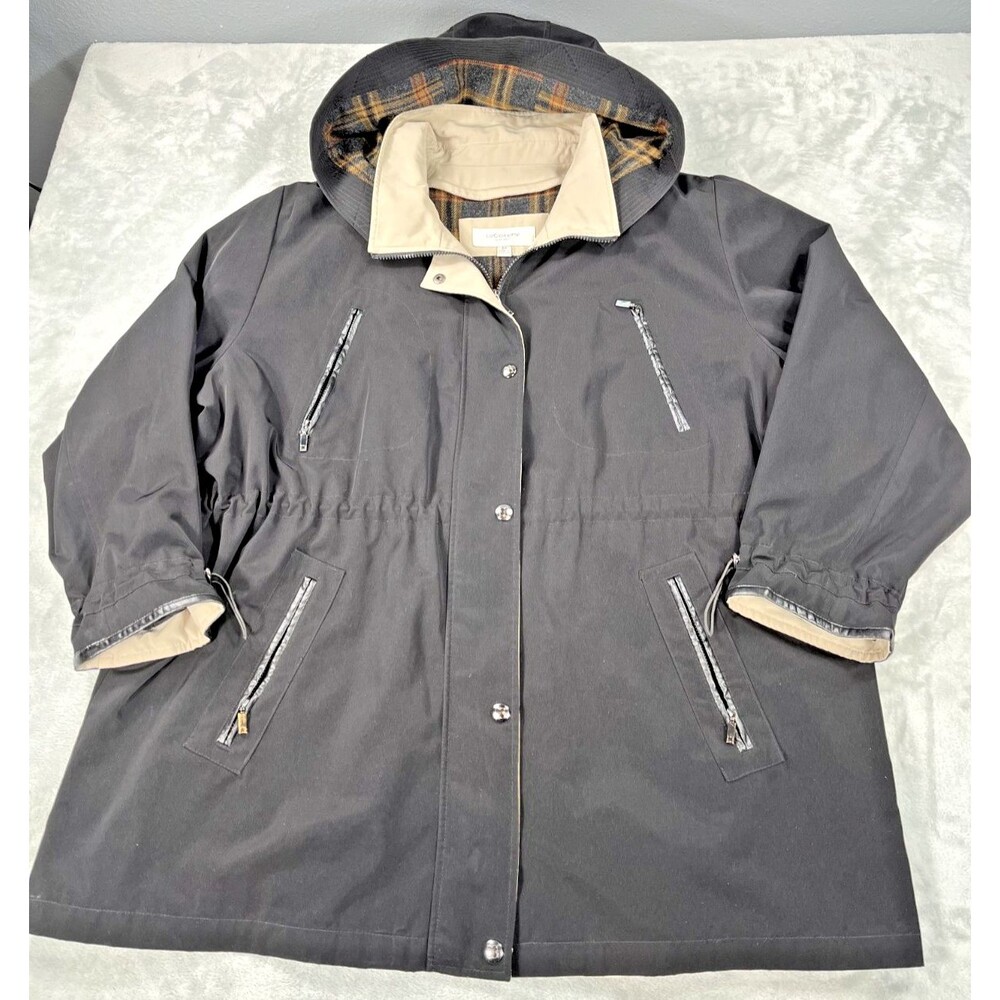 Liz Claiborne Womens 3XL Black Hooded Utility Jacket Plaid Lined Anorak Coat